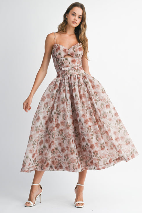 FLORAL ORGANZA MIDI DRESS